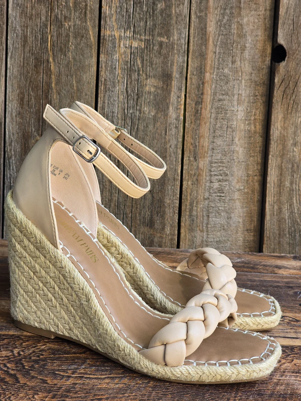 Dream Paris Braided Ankle Strap Wedge Sandals in Beige Size 7